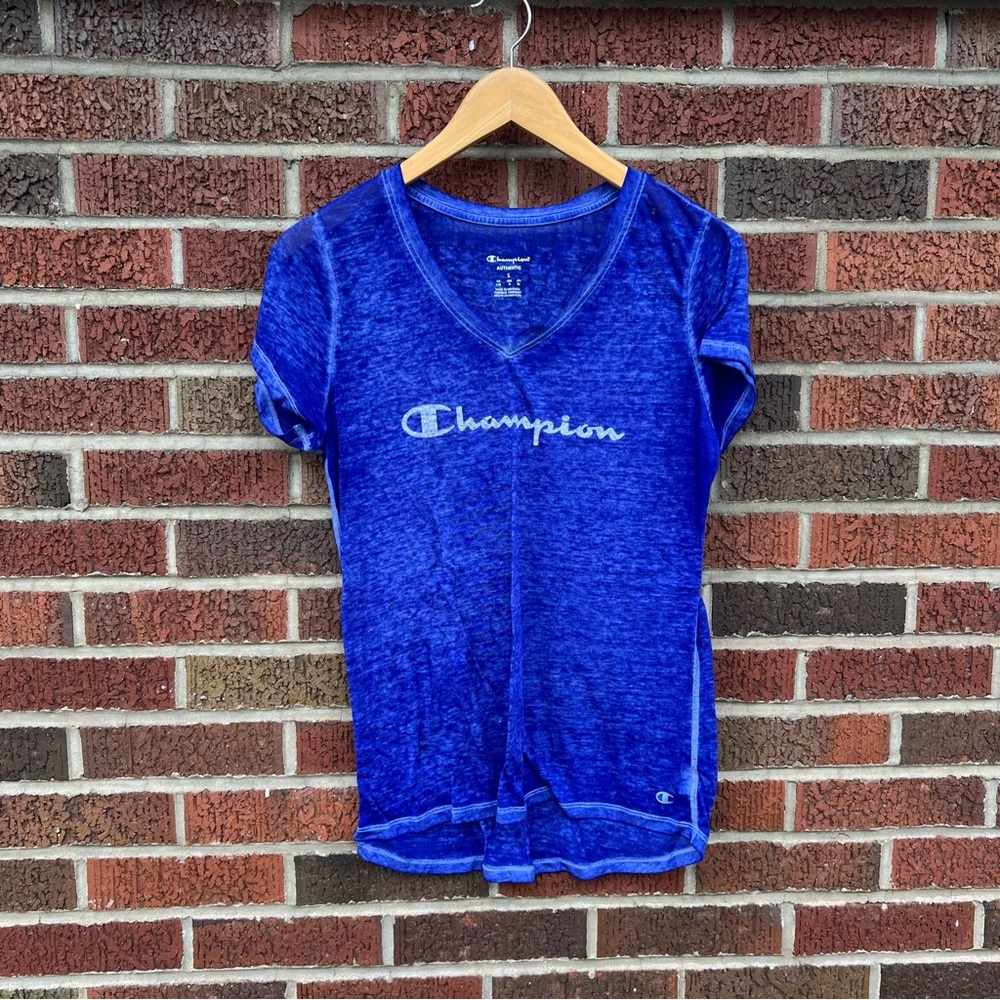 Champion Dark Blue Distressed Very Thin V Neck Short Sleeve Graphic Tee Shirt